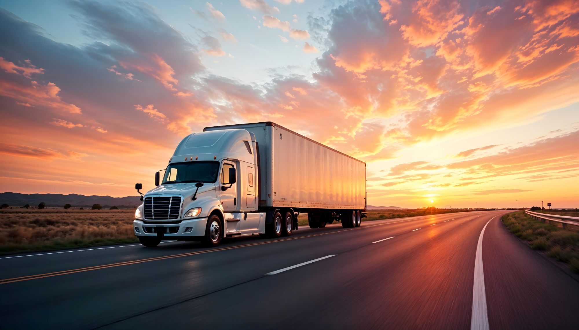 Tractor trailer driving along a highway at sunset