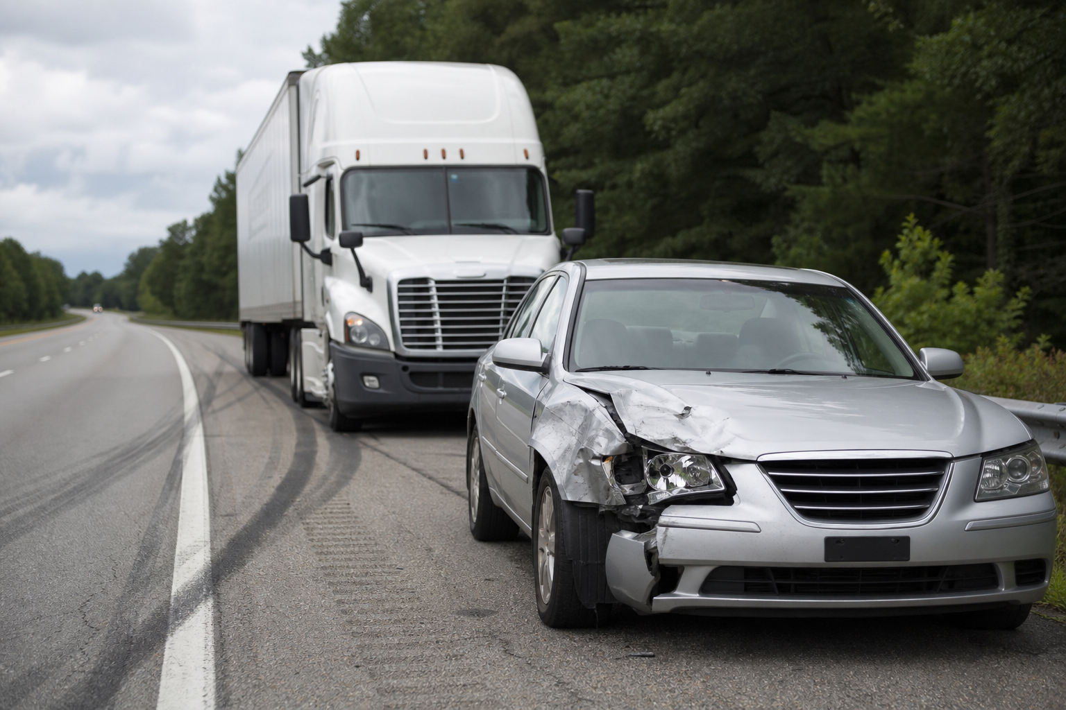 Damaged car with a tractor trailer behind it